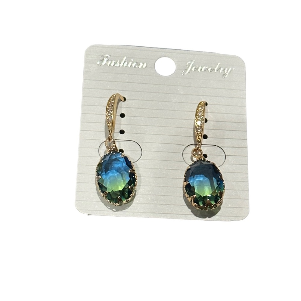 Gold with Green and Blue Ombré Stone Rhinestone Accent Drop Earrings - Picture 2 of 8